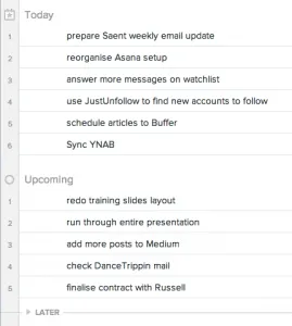 Screenshot of my day in the My Tasks view in Asana.