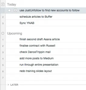 Screenshot of My Tasks view in Asana, one day later: no annoying red, overdue tasks.