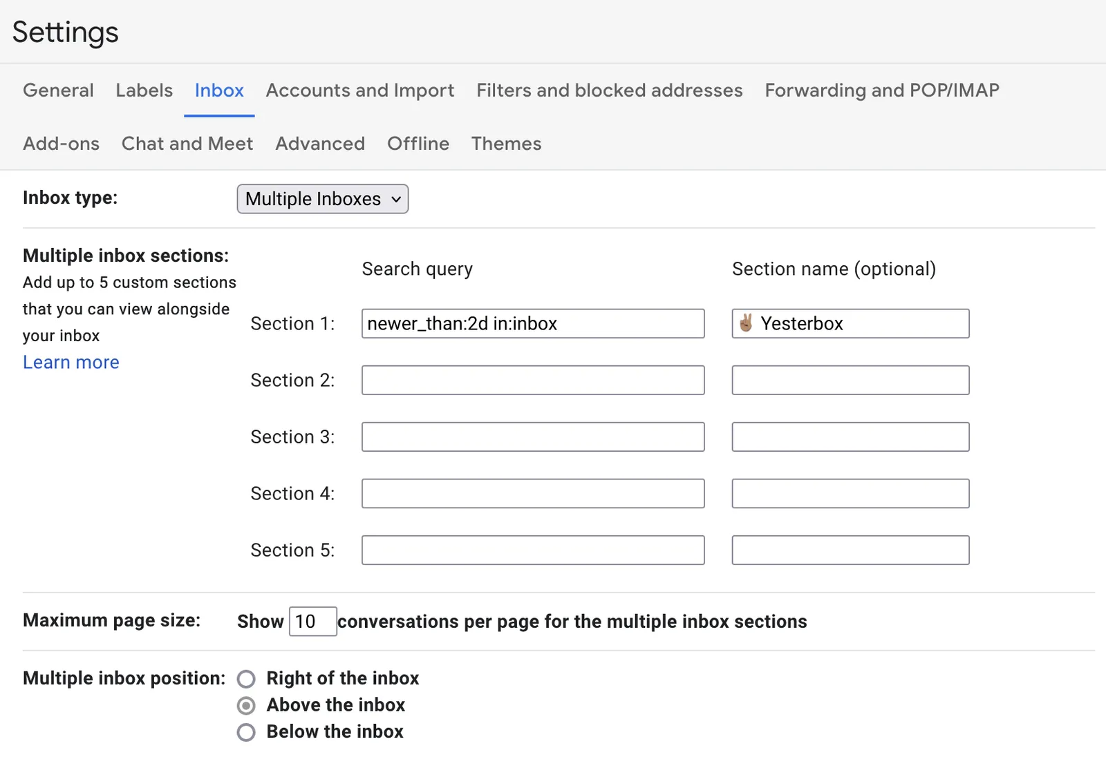 A screenshot of how to set up Yesterbox in Gmail.